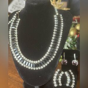 Vintage Black and Rhinestone Necklace and Earring Set